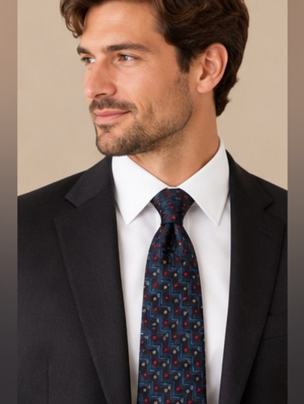 St. John Men's Black Suit Blazer with Patterned Navy Tie